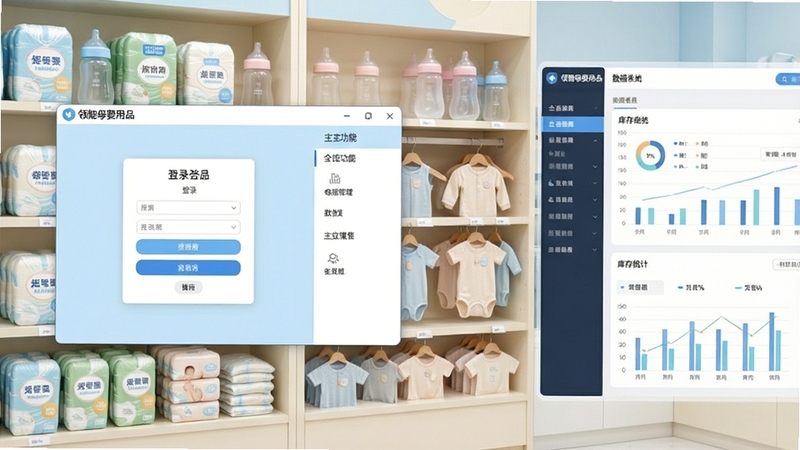 请生成一张领智母婴用品销售管理系统的软件主界面预览图,画面中心偏左位置放置软件登录窗口与主功能导航面板,背景区域为明亮的母婴用品零售店铺货架场景,货架上整齐摆放着纸尿裤、奶瓶、婴儿服饰等商品,右侧区域展示数据看板与库存统计图表,整体色调以柔和的浅蓝与米白为主,画面风格简洁专业,适配Boogu模型生成。