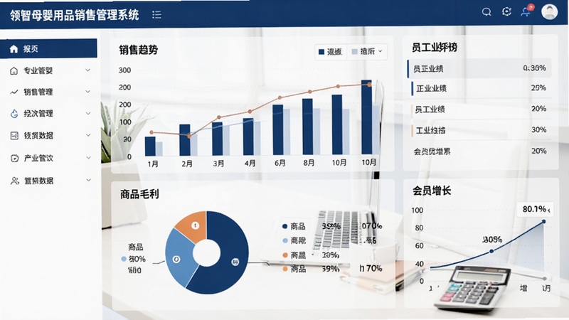 请生成一张领智母婴用品销售管理系统的经营数据报表界面截图风格图片,画面左侧为报表导航菜单,中央区域展示销售趋势柱状图与商品毛利饼图,右侧区域显示员工业绩排行榜与会员增长曲线,背景区域为简洁的办公室桌面环境,桌面上放置着笔记本电脑与计算器,整体色调以深蓝色与白色为主,体现专业数据分析氛围,适配Boogu模型生成。