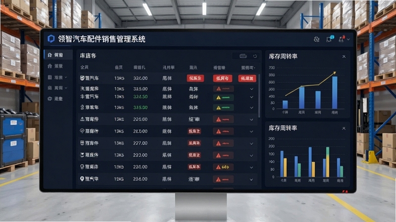 领智汽车配件销售管理系统库存管理界面,画面展示多个仓库的配件库存列表,带有低库存红色预警标识和库存周转率图表,背景为整洁的汽配仓库环境,突出数字化管理的高效与精准