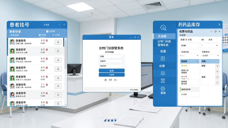 比特门诊部管理系统 BITOPD网络版 软件主界面全貌展示,画面中央为系统登录窗口与功能导航面板,左侧区域展示患者挂号列表,右侧区域呈现收费与药品库存概览,背景为简洁明亮的诊所办公环境,整体色调以蓝白为主,突出医疗信息化氛围,适配Boogu模型生成