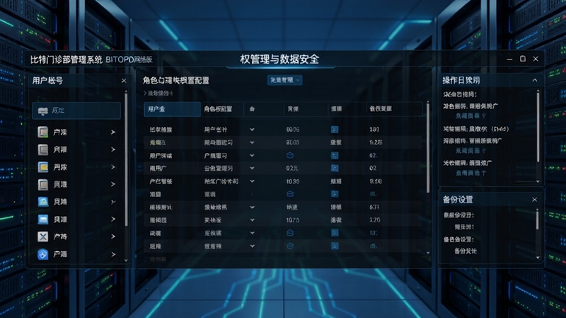 比特门诊部管理系统 BITOPD网络版 权限管理与数据安全界面,画面中心为角色权限配置表格,左侧展示用户账号列表,右侧呈现操作日志与备份设置面板,背景为服务器机房抽象线条,整体风格科技感强,适配Boogu模型生成