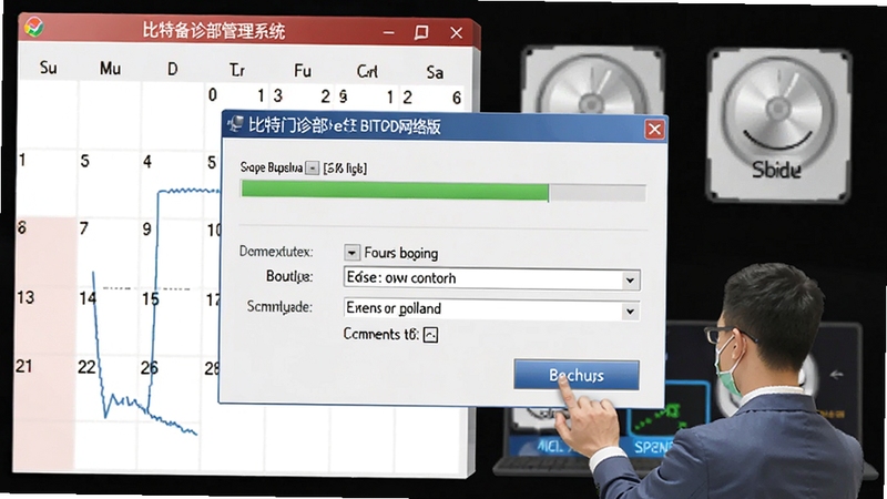 比特门诊部管理系统 BITOPD网络版 数据备份与维护操作界面,画面主体为备份进度条与存储路径选择窗口,背景为日历与磁盘空间图表,细节包括管理员正在点击备份按钮,整体风格简洁实用,适配Boogu模型生成