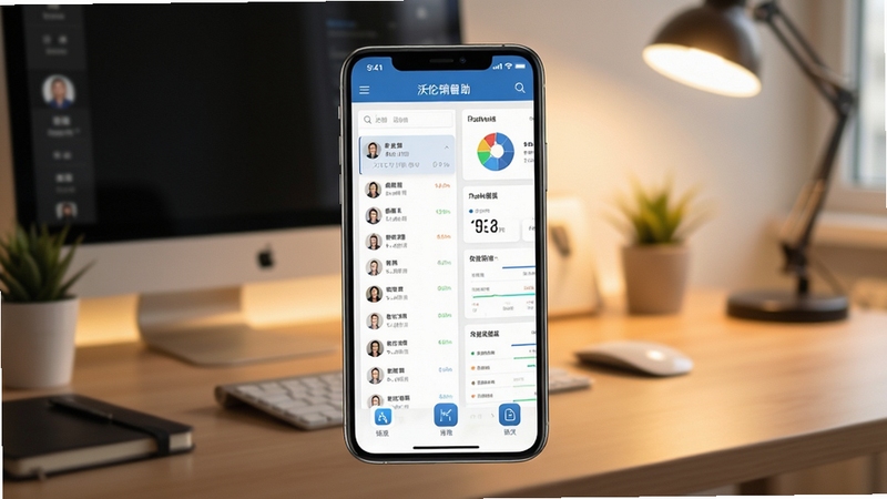 沃伦销售助手主界面全貌展示,画面中心为一部智能手机屏幕亮起,屏幕内呈现客户列表与数据看板,背景为虚化的现代办公桌场景,暖色调光线,整体风格简洁商务,突出移动端应用图标与核心功能入口