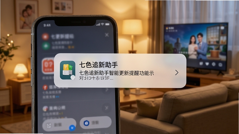 七色追新助手智能更新提醒功能展示,手机屏幕弹出通知横幅,上方显示剧集更新提示,背景为客厅沙发和电视场景,暖色调灯光,画面温馨自然,突出即时提醒的便利性