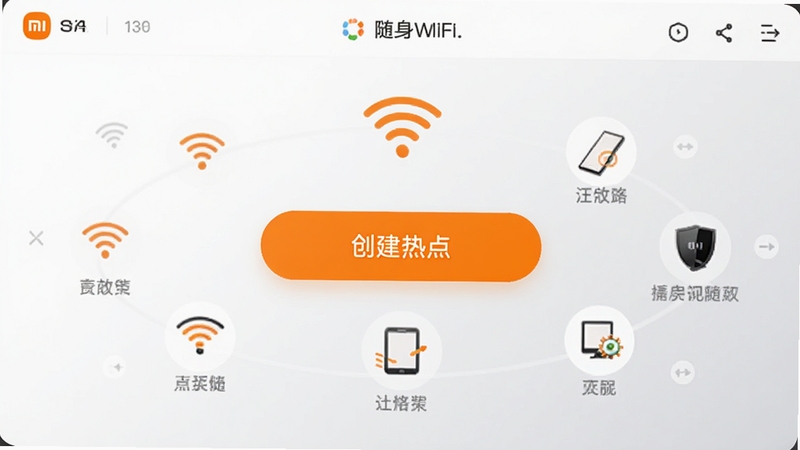 С������WiFi�����������ͼ���������һ����Ŀ�Ĵ����ȵ㰴ť����Χ������WiFi�ź�ͼ��������豸��Сͼ�꣬������ɫ�԰�ɫ�ͳ�ɫΪ������������͵Ľ���ǳ��ɫ��������ּ���ִ���UI��Ʒ�񣬻�����������