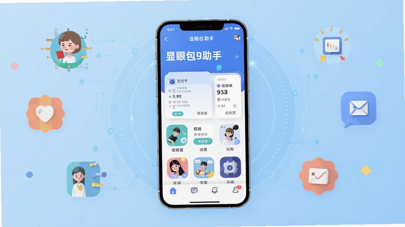 显眼包助手软件主界面全貌展示,画面中央是手机屏幕正视图,屏幕内显示显眼包助手APP的首页布局,背景为淡蓝色渐变科技感区域,四周环绕着扁平化图标元素,整体风格清新明快,适配Boogu模型生成