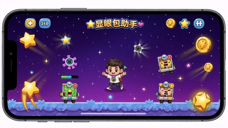 显眼包助手内置小游戏界面展示,画面为手机横屏显示游戏进行中的场景,屏幕内呈现色彩鲜艳的合成类游戏元素,背景为深紫色渐变星空效果,四周漂浮着星星和金币图标,风格活泼动感