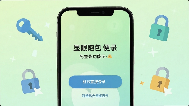显眼包助手免登录功能展示图,画面主体为手机屏幕特写,屏幕中央显示跳过登录直接进入的按钮,背景为柔和的浅绿色渐变,周围点缀着钥匙和锁的扁平化图标,整体传达便捷快速的视觉感受