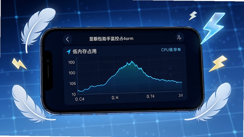 显眼包助手轻量运行性能展示,画面为手机屏幕显示资源占用监控图表,屏幕内呈现低内存占用和低CPU使用率的曲线图,背景为深蓝色科技感网格,四周环绕着羽毛和闪电图标,传达轻盈快速的视觉意象