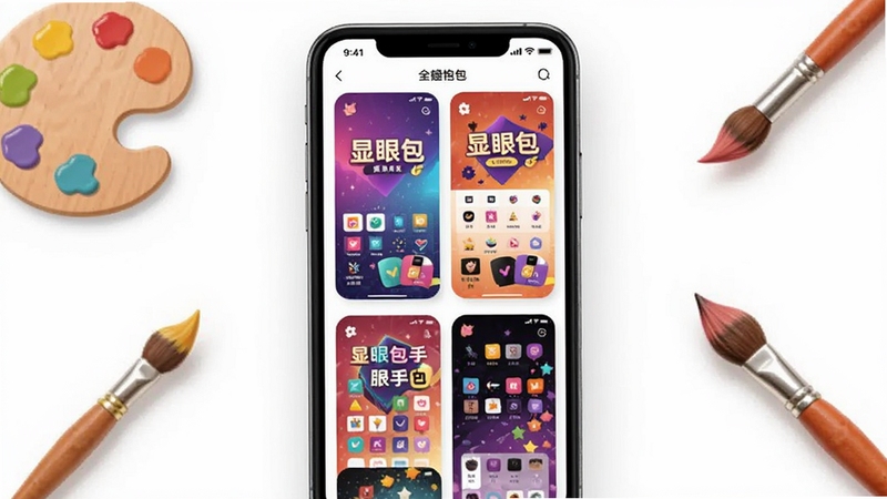 显眼包助手主题换肤功能展示,画面为手机屏幕显示多款不同风格的主题预览缩略图,屏幕内呈现色彩缤纷的界面配色方案,背景为白色简约风格,四周点缀着调色板和画笔图标,整体传达个性化定制的氛围
