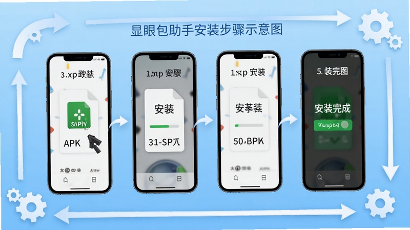 显眼包助手安装步骤示意图,画面为手机屏幕分步展示安装流程,从点击APK文件到安装完成共四个步骤,屏幕内显示清晰的进度提示,背景为浅蓝色渐变,四周环绕着箭头和齿轮图标,整体风格简洁明了的教程图示