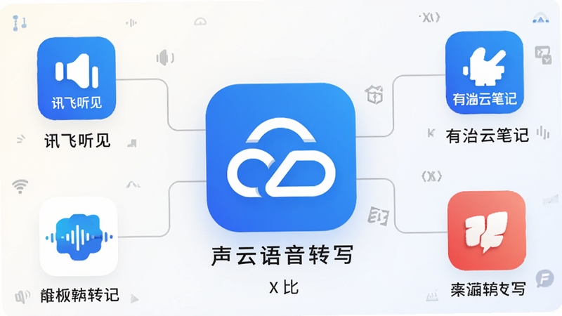 声云语音转写与其他语音转写工具对比示意图,画面中央声云语音转写图标突出,周围环绕讯飞听见、有道云笔记等图标,形成对比布局,背景为浅色渐变,风格简洁商务,高清细节。