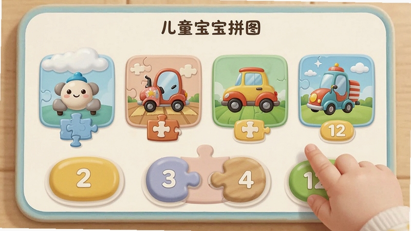 儿童宝宝汽车拼图难度选择界面,展示从2片到12片不同难度的拼图缩略图,每张缩略图对应不同交通工具,界面按钮大而醒目,适合幼儿手指点击,配色柔和护眼