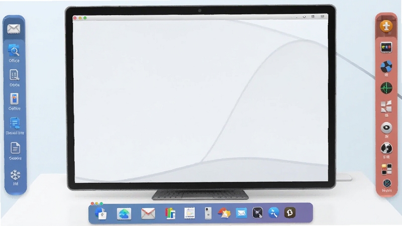 ObjectDock �� Dock ������������棬����չʾ��Ļ�ײ��Ͳ�߷ֱ���������ͬ��ɫ�� Dock ����һ�����ð칫ͼ�꣬��һ����������ͼ�꣬����Ϊ�ɾ���ǳɫ���棬���岼������������ Boogu ģ������
