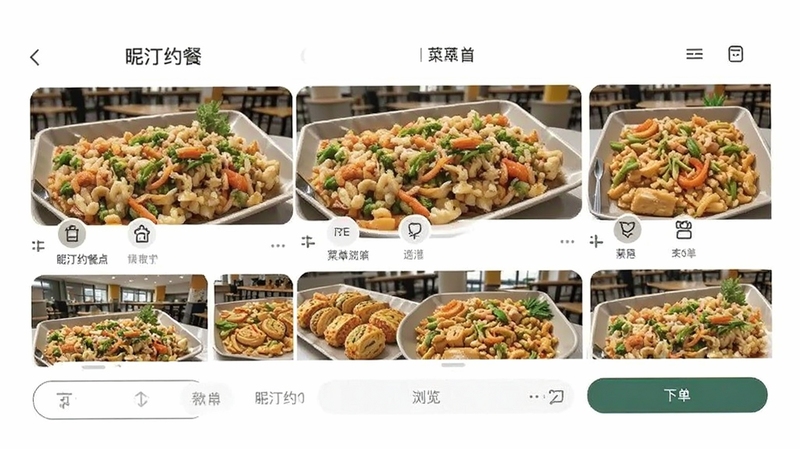 昵汀约餐 手机端菜单浏览与下单界面,现代简约风格,食堂菜品图片展示