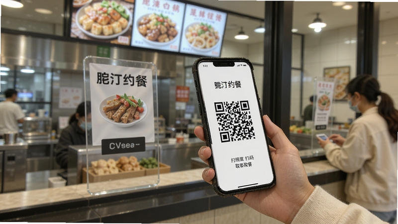 昵汀约餐 扫码取餐场景,用户手持手机展示二维码,食堂窗口背景