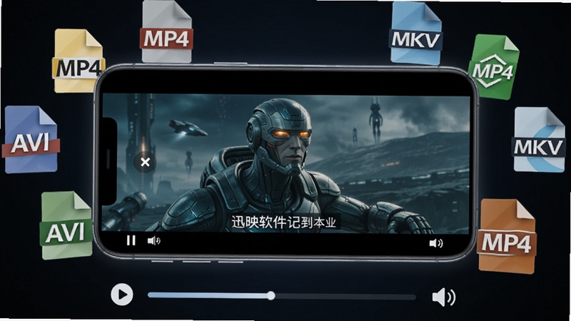 迅映软件的本地视频播放界面,画面主体是一部横向放置的智能手机,屏幕中正在播放一部科幻电影,画面中有字幕显示,手机周围漂浮着各种视频格式图标如MP4、AVI、MKV等,背景为深色渐变,突出播放界面的明亮,手机下方有播放进度条和音量图标,整体风格偏向科技感与实用性结合。