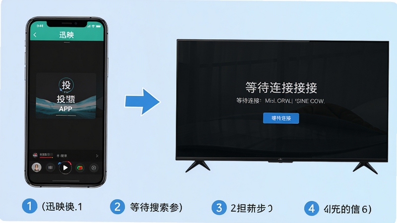 迅映软件的使用教程示意图,画面分为左右两部分,左侧是手机屏幕显示迅映APP的投屏搜索界面,右侧是电视屏幕显示等待连接的提示画面,中间用箭头连接表示操作流程,背景为浅蓝色渐变,画面下方有简单的步骤数字标注,整体风格清晰直观,适合新手用户参考。