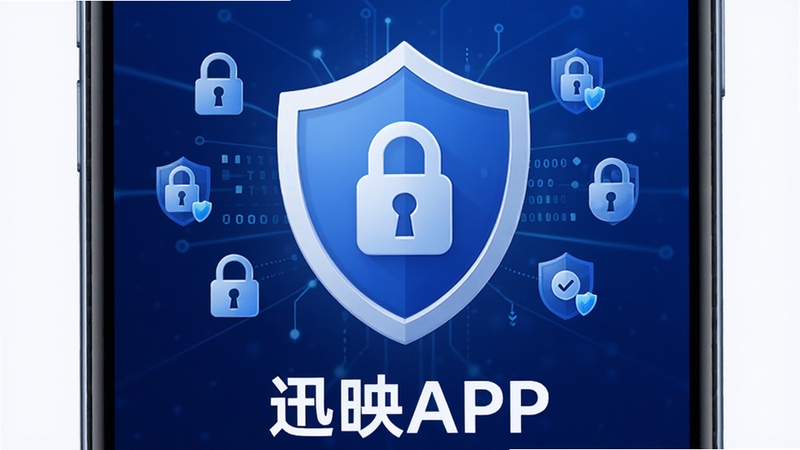 迅映软件的隐私安全保护功能展示,画面主体是一个盾牌形状的图标位于手机屏幕中央,盾牌上有锁形标志,周围环绕着数据加密符号和隐私保护图标,背景为深蓝色渐变,手机屏幕下方显示迅映APP的名称,整体风格安全可靠,色调以蓝色和白色为主,传递信任感和安全感。