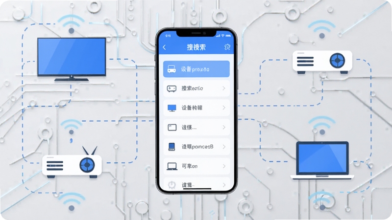 迅映软件的设备连接界面示意图,画面中心是一部手机屏幕显示设备搜索列表,周围环绕着智能电视、投影仪、笔记本电脑等设备的简化图标,设备之间用虚线连接表示可配对状态,背景为浅灰色科技纹理,整体色调以蓝色和白色为主,突出快速连接和跨设备兼容的特点,简洁明快的UI风格。