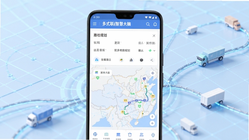 整体展示多式联运智慧大脑软件主界面,画面主体为一部竖屏安卓手机,手机屏幕中央呈现多式联运智慧大脑的运单看板与路径规划地图,背景区域为浅蓝色科技感网格与物流运输线路交织的抽象图案,整体风格简洁明亮,适合软件下载站配图,细节清晰,色彩柔和
