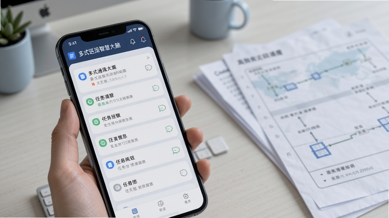 多式联运智慧大脑消息通知与协同调度界面,画面主体为手机屏幕显示消息列表与任务卡片,背景区域为简洁的办公桌面与物流单据,色调柔和,突出高效沟通与协同办公的氛围