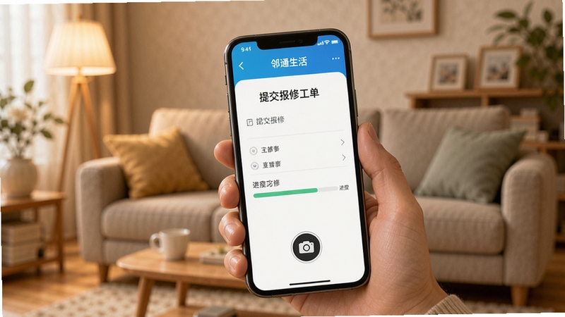 邻通生活app报修界面,画面中一只手持手机,屏幕显示提交报修工单页面,有相机图标和进度条,背景是温馨的家庭客厅环境,光线柔和,突出便捷操作感