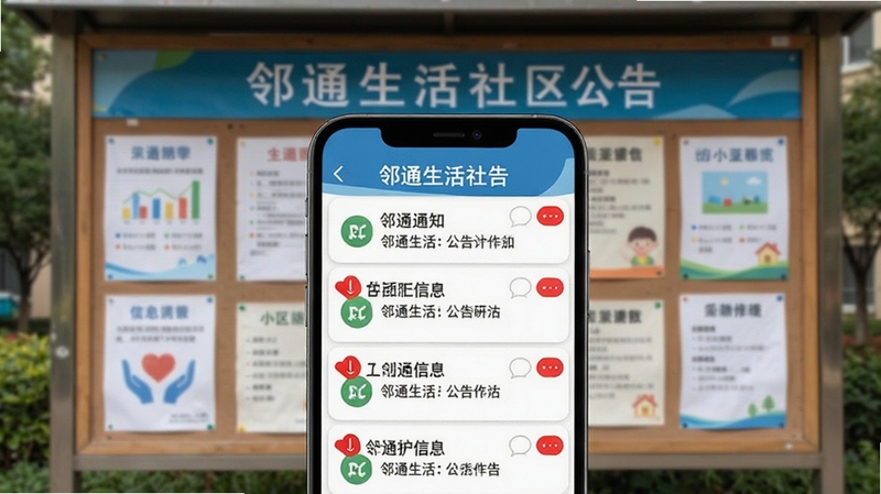 邻通生活社区公告界面,手机屏幕显示通知列表,有红色未读标记,背景为小区公告栏,视觉清晰,信息传达感强