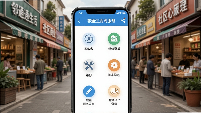 邻通生活周边服务页面,手机屏幕显示家政、维修、配送等服务图标列表,背景为社区商业街,店铺林立,生活气息浓厚,界面清爽直观