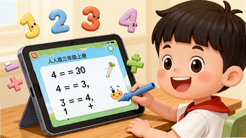 一个卡通小男孩坐在书桌前用平板电脑做数学题,屏幕上显示着人教版三年级上册的数学题目,旁边有可爱的数字和加减乘除符号漂浮在空中,整体画面色彩温暖,适合小学数学软件功能展示