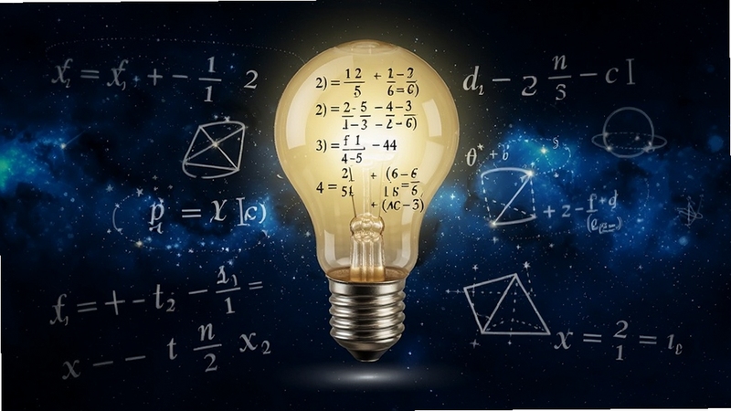 一个发光的灯泡悬浮在数学符号和几何图形上方,灯泡内部显示着小学奥数思维题的解题思路,背景是深蓝色星空,整体风格富有想象力和启发性,体现小学数学思维训练主题