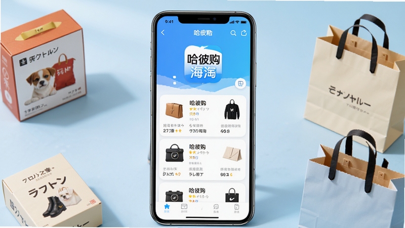 手机屏幕中央展示哈彼购海淘应用主界面,界面为中文商品列表,背景为浅蓝色渐变,周围环绕日本商品包装盒与购物袋元素,画面明亮清新,适合应用商店展示风格