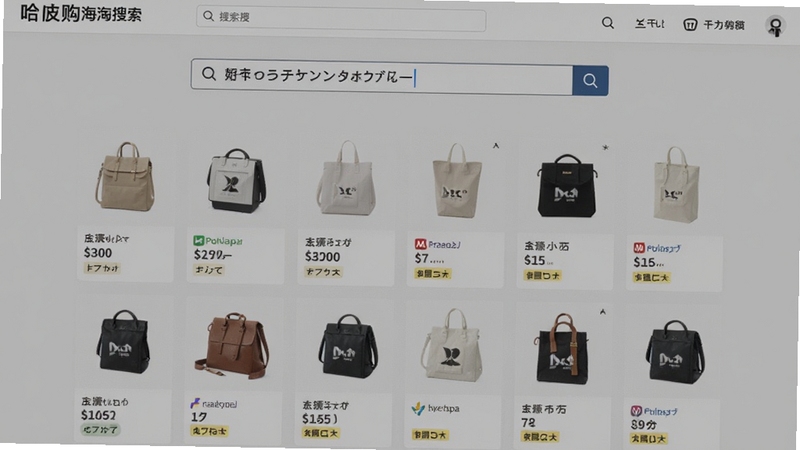 哈彼购海淘搜索界面,中央搜索框输入日文关键词,下方展示多个平台商品卡片列表,每张卡片带有价格与平台标识,背景为淡灰色,画面整洁有序