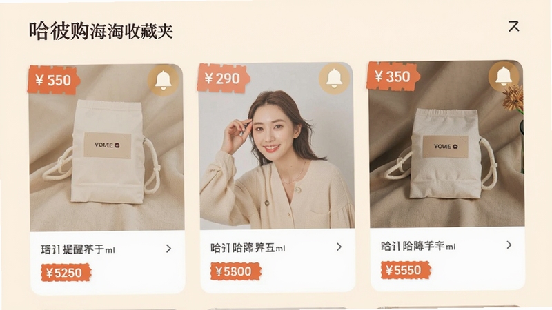 哈彼购海淘收藏夹页面,商品卡片带有价格标签和降价提醒铃铛图标,背景为柔和米色,画面温馨,突出提醒功能