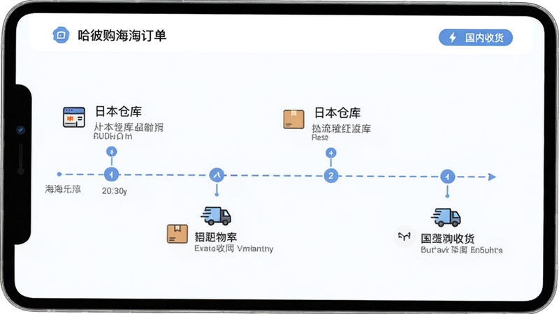哈彼购海淘订单物流跟踪页面,时间轴形式展示包裹从日本仓库到国内收货的各个节点,每个节点配有中文说明和小图标,背景为浅色,风格简洁