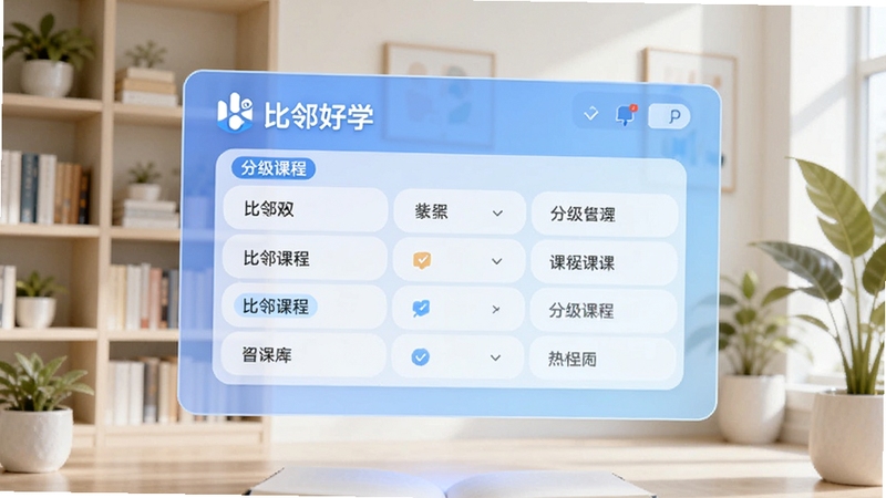 一个明亮的现代化学习空间,画面中央悬浮着一块半透明的蓝色屏幕,屏幕上显示着“比邻好学”的Logo和分级课程目录,背景是柔和的书架与绿植,整体风格清新简约,适合教育类软件宣传图