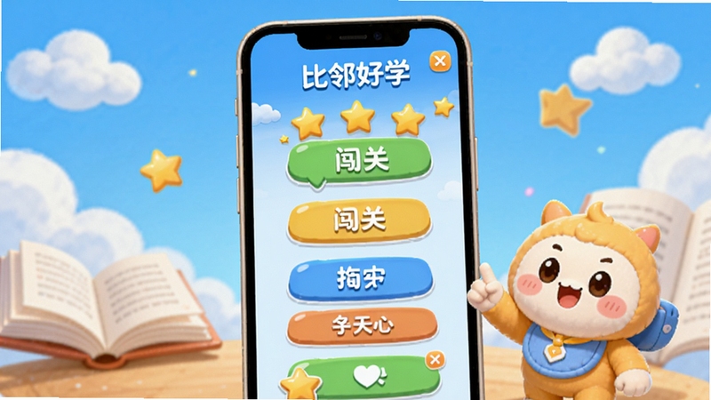 卡通风格的手机界面展示比邻好学的闯关学习页面,屏幕上有彩色按钮、星星奖励和可爱的吉祥物,背景是蓝天白云与书本元素,整体活泼明快