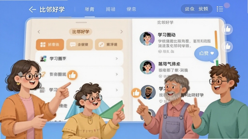 一群不同年龄段的用户在虚拟学习社区中互动,画面以比邻好学APP界面为背景,展示排行榜、学习圈动态和点赞图标,色彩丰富,体现社交学习氛围