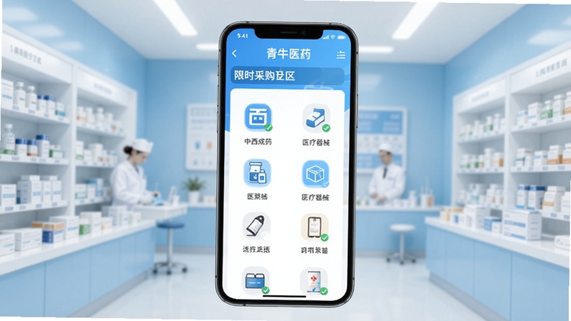 青牛医药app首页展示药品分类导航与限时采购专区,画面中央为手机屏幕内呈现中西成药、医疗器械等分类图标,背景为浅蓝色渐变药房场景,整体风格简洁专业,适配Boogu模型生成