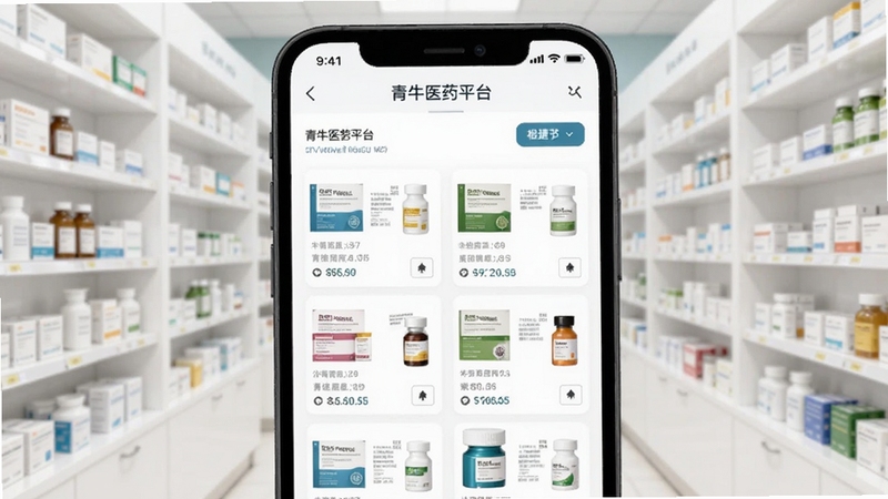 青牛医药平台药品列表页面,画面主体为手机屏幕中展示整齐排列的药品卡片与筛选按钮,背景为白色药房货架虚化效果,突出海量商品与便捷检索,适合Boogu模型生成