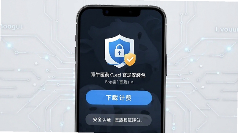 青牛医药app官方下载页面展示安装包信息与安全认证标识,画面主体为手机屏幕中的下载按钮与盾牌安全图标,背景为浅灰色科技感线条,突出正版安全下载,适合Boogu模型生成