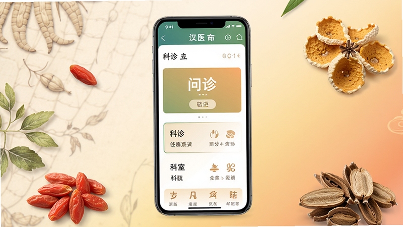 ��ҽ�ֻ�Ӧ��������չʾ����������һ�������ֻ���Ļ������ʾ��ҽAPP��ҳ�������������ҵ��������ɼ�������Ϊ���ŵ���ҽ�ݱ�������ůɫ���䣬��Χ��׺��轡���Ƥ��ҩ��Ԫ�أ�������������ͣ�����Booguģ������