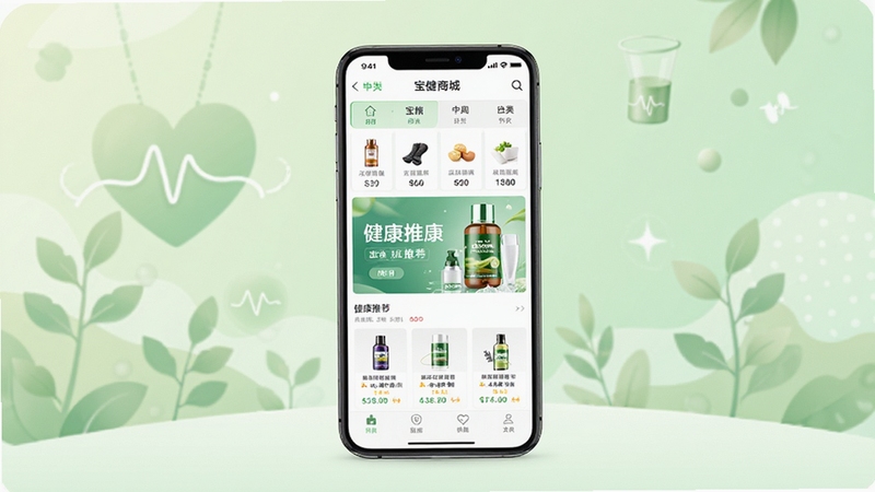 宝健商城APP首页界面全景展示,画面主体为一部智能手机竖屏居中放置,屏幕内呈现宝健商城首页的商品分类导航栏与健康产品推荐banner,背景区域为柔和的浅绿色渐变与抽象健康生活元素点缀,整体风格清新明亮,适配Boogu模型生成高清产品展示图