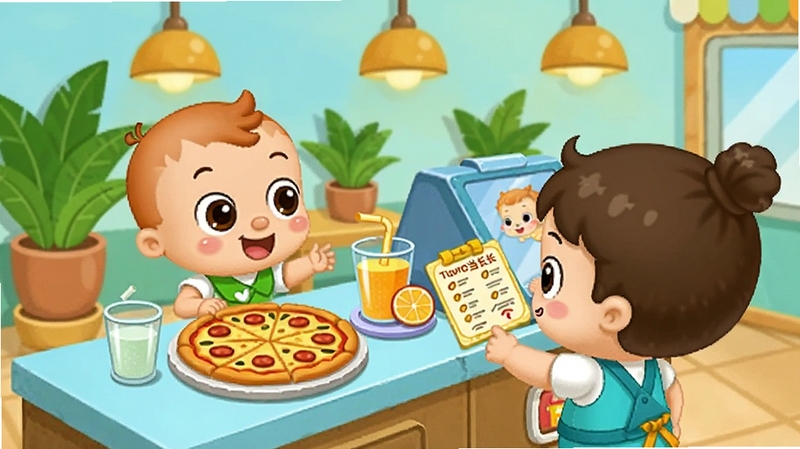�������곤��Ϸ�����б�����ʿ��ͨ��ɫ�ڵ�����æµ��һλС�˿;��Ŷ�����Ƭ����̨�ϰڷ������ʳ�¯�������͹�֭����������ֲ��ůɫ���ƣ������Χ��ܰ���֣�������ʿ�ٷ��廭��񣬻���ϸ�ڷḻ���ʺ���Ϊ������ɫչʾͼ