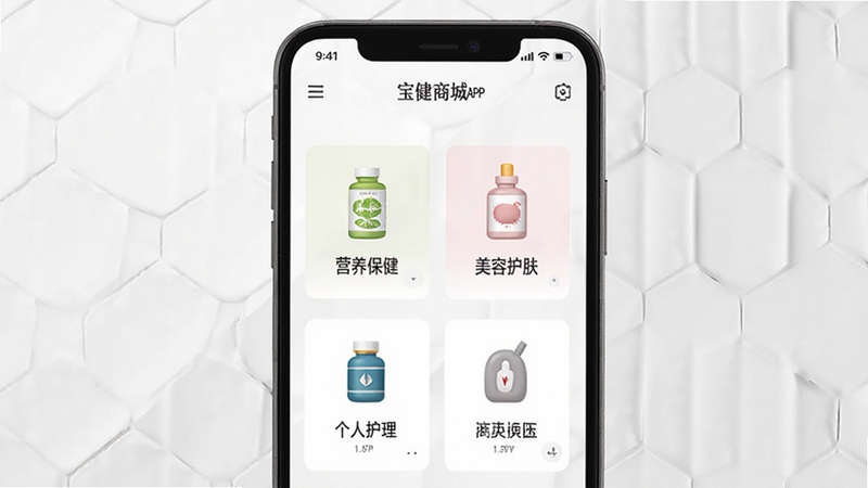 宝健商城APP商品分类页面展示,手机屏幕内呈现营养保健、美容护肤、个人护理等分类图标,画面主体为手机特写居中,背景区域为淡雅白色与浅灰色几何纹理,整体风格简约商务,适配Boogu模型生成