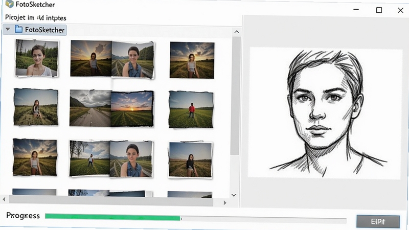 FotoSketcher批量处理界面截图,画面中有一个文件列表显示多张待处理的照片,右侧是统一的素描效果预览,底部有进度条和导出按钮,背景是简洁的白色工作区,整体风格为效率工具类软件界面,适合展示批量处理功能