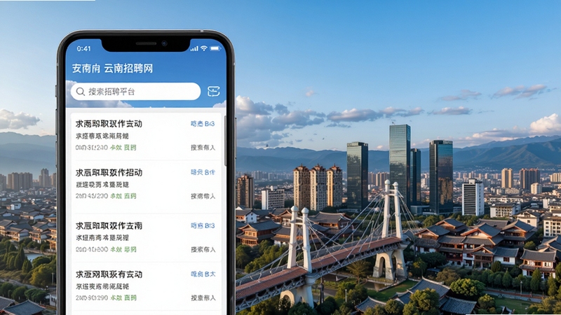 云南招聘网 安卓手机应用界面展示 求职招聘平台 手机屏幕中显示职位列表和搜索框 背景为云南城市天际线 现代简约风格 高清渲染