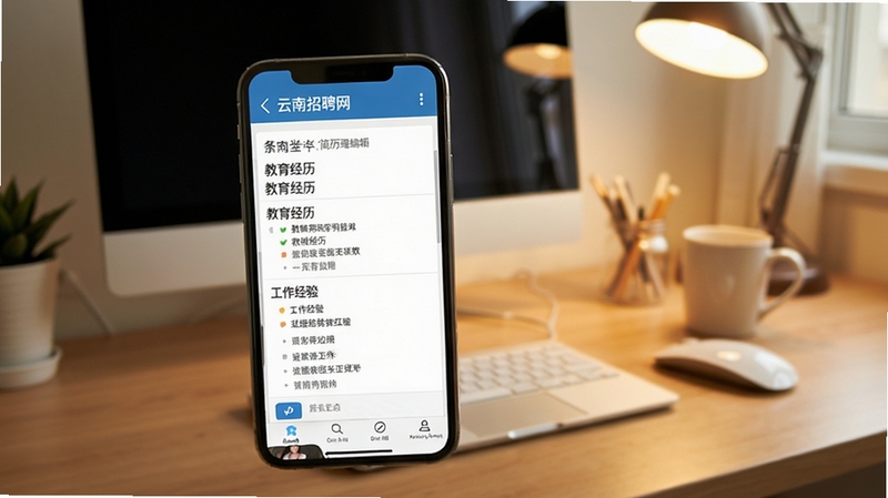 云南招聘网 个人简历管理页面 手机屏幕显示简历编辑界面 包含教育经历和工作经验模块 背景为书桌和电脑 温馨生活场景