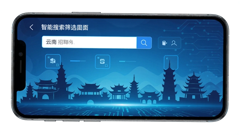 云南招聘网 智能搜索筛选界面 手机屏幕显示搜索框和筛选条件选项 背景为云南地标建筑剪影 科技感蓝色调