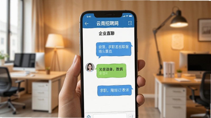 云南招聘网 企业直聊功能界面 手机屏幕显示聊天对话窗口 求职者与HR沟通场景 背景为简洁办公环境 暖色调